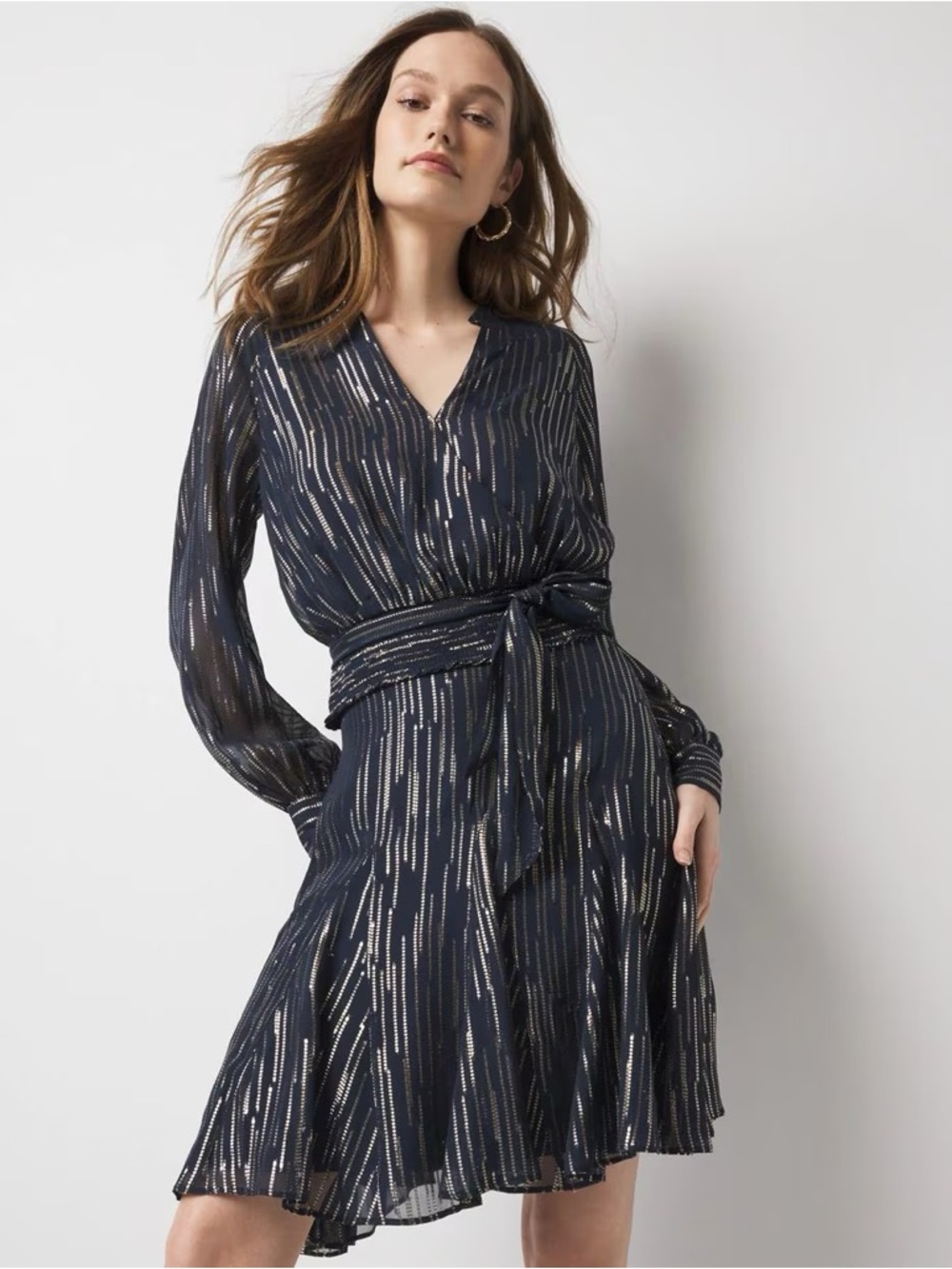 White House Black Market Navy Skater Skirt with Silver Stripes
